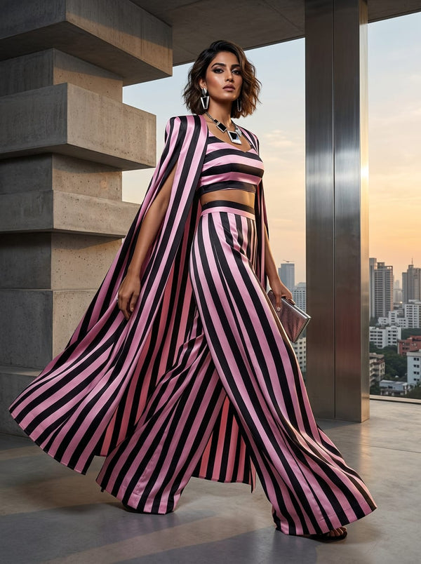 Pink and Black Bold Wavy Stripes Japan Satin Digital Printed Fabric - Cape with Palazzo Lookbook - JS-0-TA08373-110 - alternate view