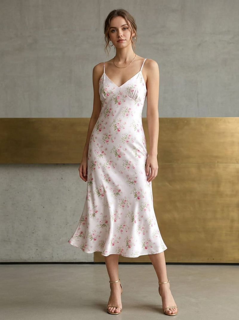 White Ditsy Vintage Rose Floral Japan Satin Digital Printed Fabric