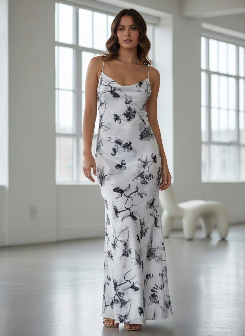 Classy Digital Printed Japan Satin Fabric in White