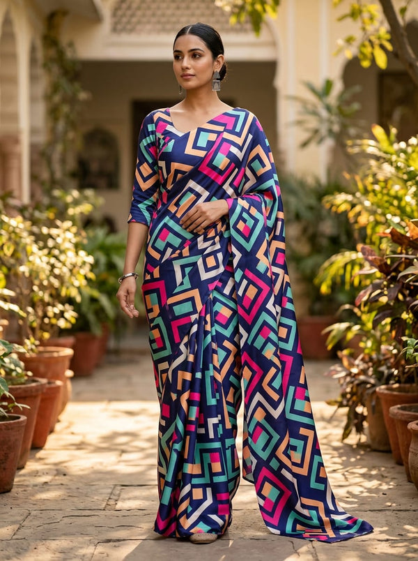 Multicolor Vibrant Geometric Maze Japan Satin Digital Printed Fabric - Saree Lookbook - JS-0-TA09662-110 - alternate view