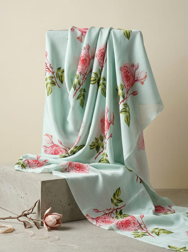 Blue Vintage Rose Floral Silk Crepe Digital Printed Fabric - Fabric Editorial Studio Flatlay Lookbook - CR-0-0TA07107P14-110
