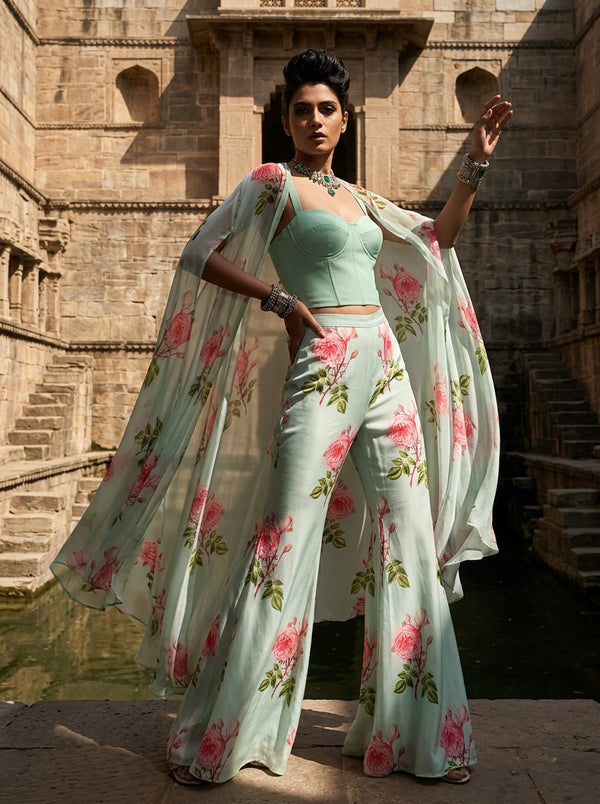Blue Vintage Rose Floral Silk Crepe Digital Printed Fabric - Draped Cape with Flared Pants Lookbook - CR-0-0TA07107P14-110 - alternate view