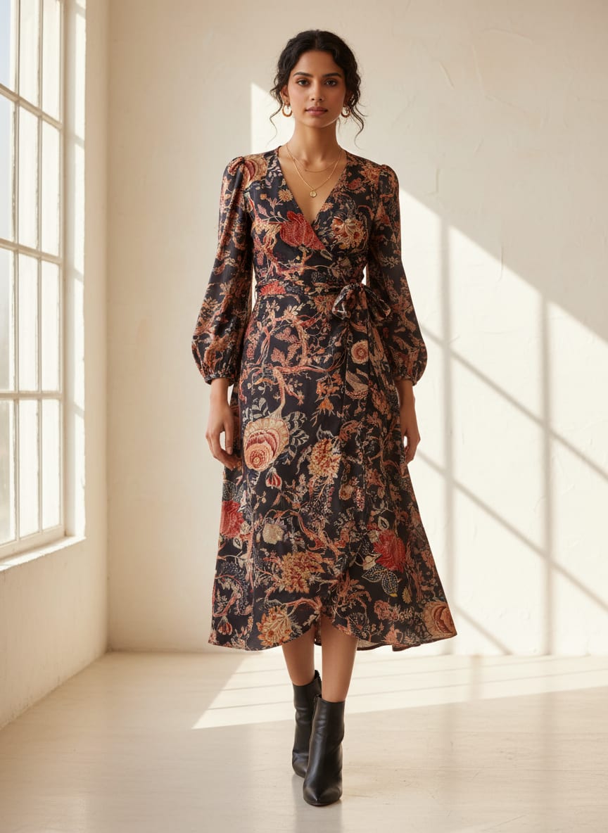 Gorgeous black damask digital printed silk crepe fabric by FAB VOGUE Studio
