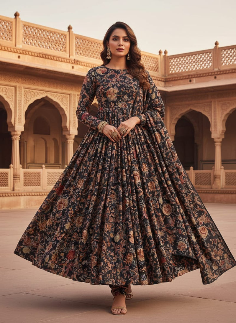 Gorgeous black damask digital printed silk crepe fabric by FAB VOGUE Studio