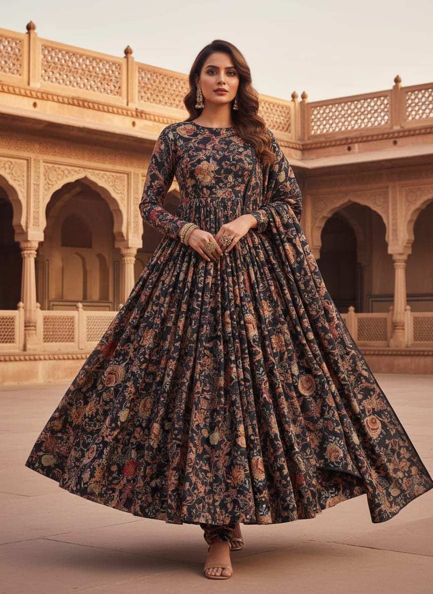 Gorgeous black damask digital printed silk crepe fabric by FAB VOGUE Studio
