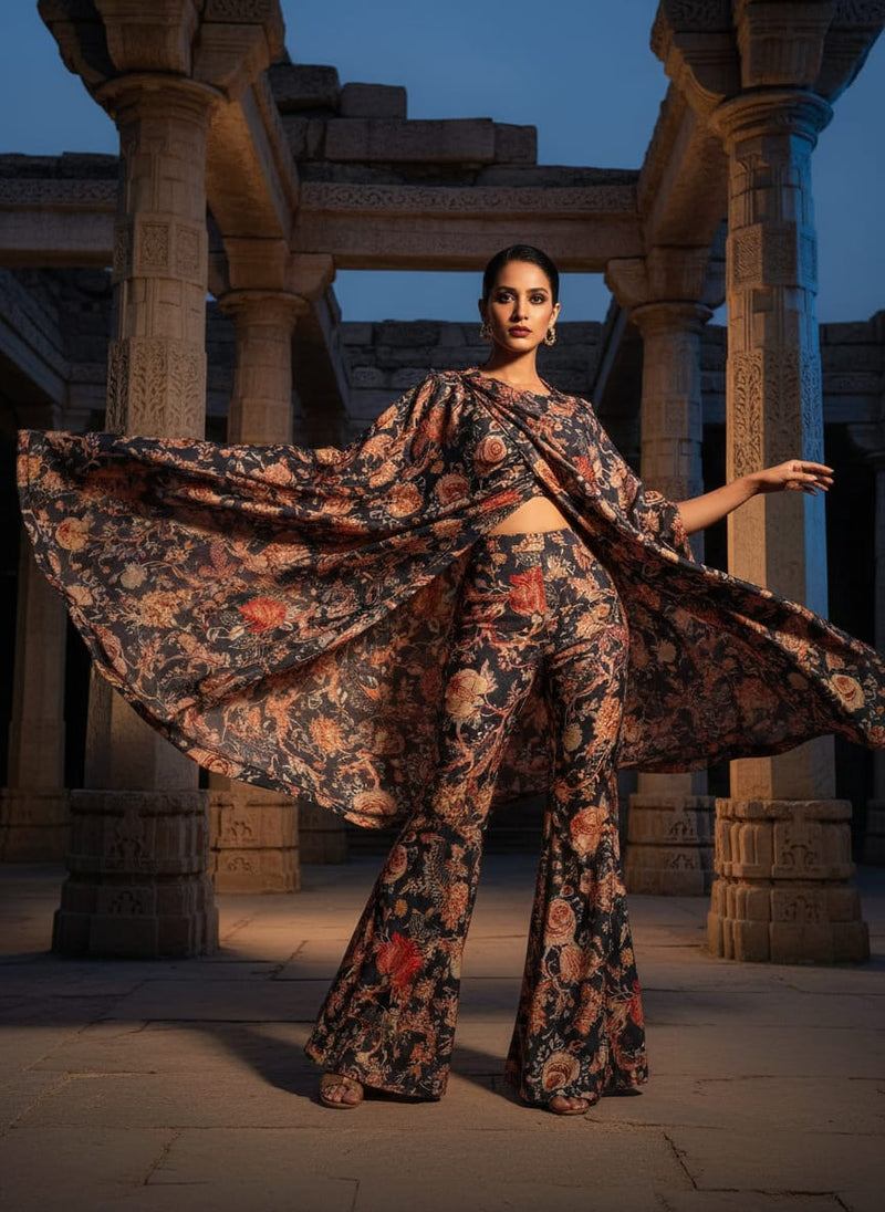 Gorgeous black damask digital printed silk crepe fabric by FAB VOGUE Studio