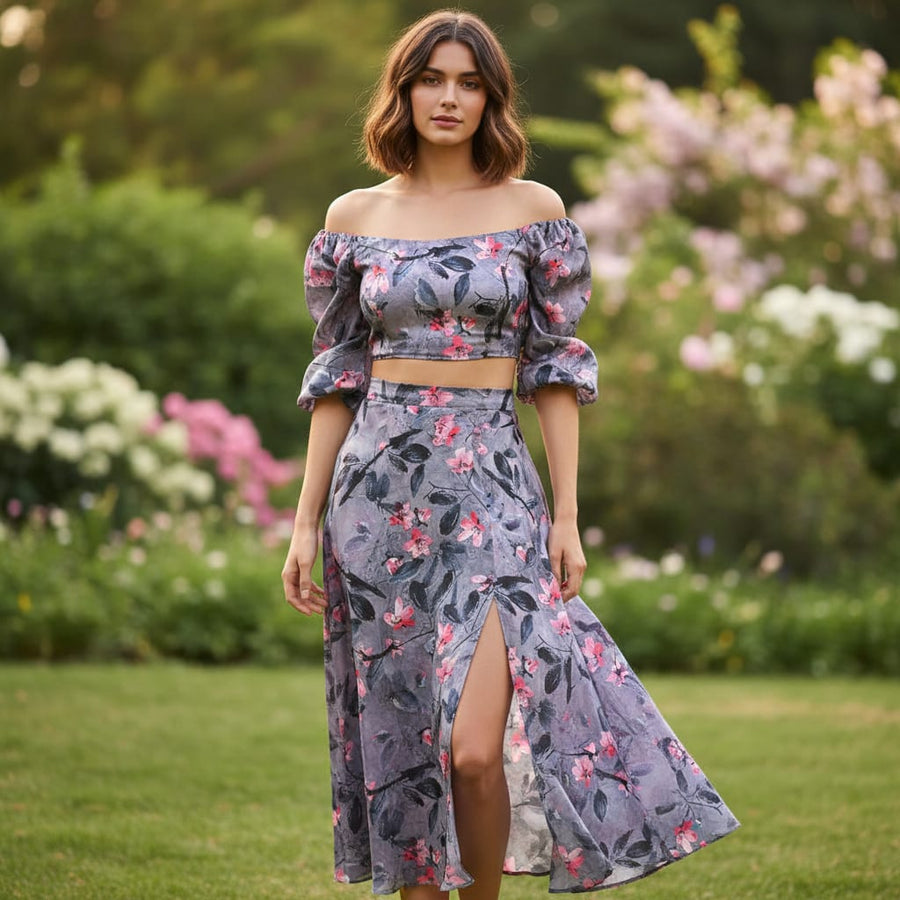 Gorgeous floral and leaves design digital printed silk crepe fabric from FAB VOGUE Studio