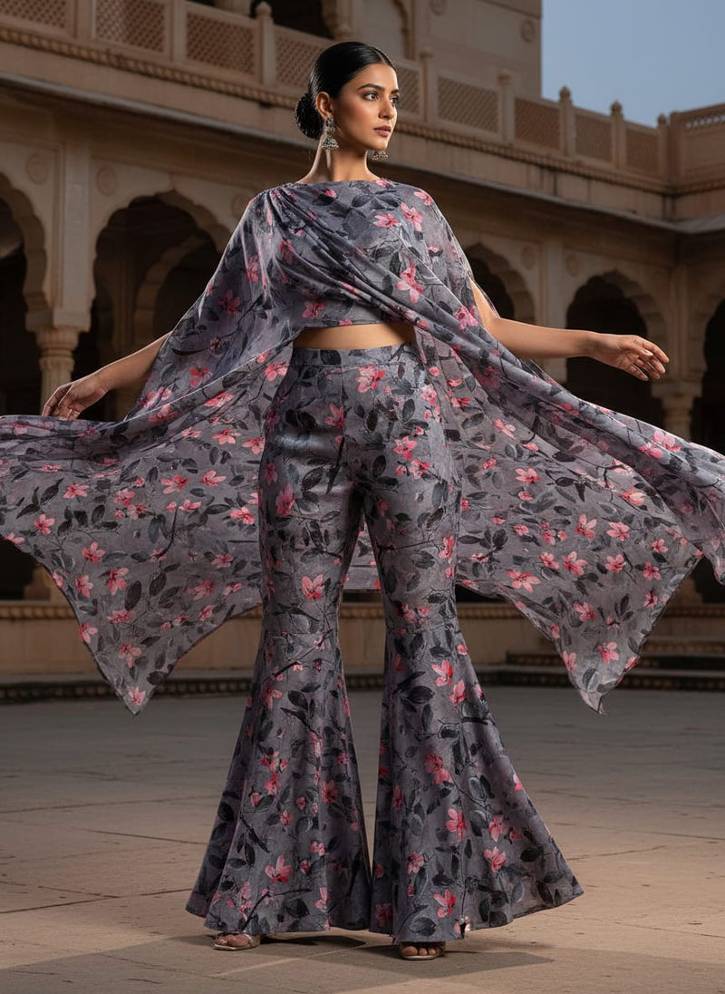 Gorgeous floral and leaves design digital printed silk crepe fabric from FAB VOGUE Studio