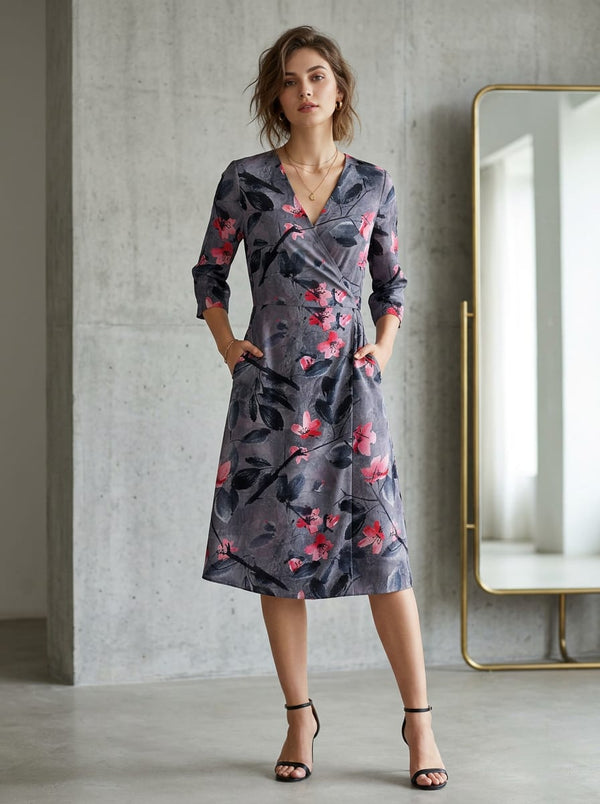Grey Painterly Cherry Blossom Floral Silk Crepe Digital Printed Fabric - Wrap Dress Lookbook - CR-0-TA05430-110 - alternate view