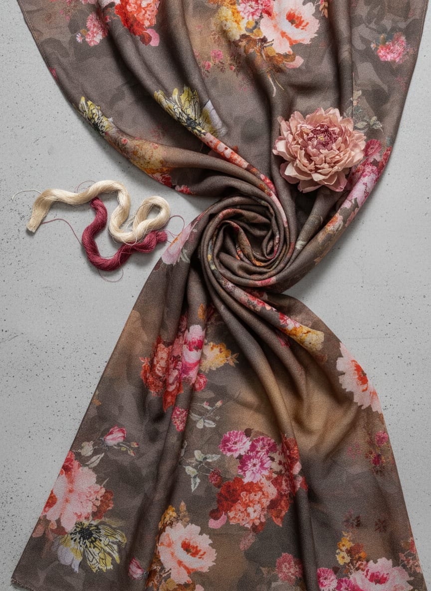 Digital Printed Floral Pashmina Fabric in Green by FAB VOGUE Studio