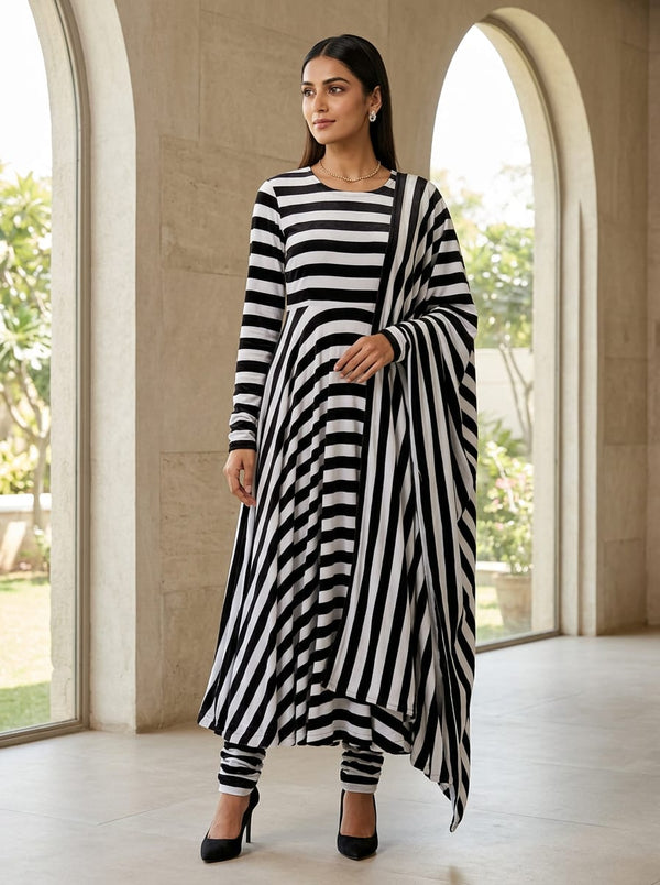 Black and White Classic Stripes Velvet Digital Printed Fabric - Anarkali Kurta Set Lookbook - VEL-0-TA08501P2-111 - alternate view