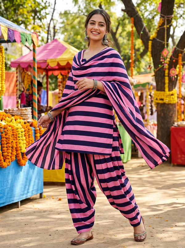 Pink Bold Horizontal Stripes Pure Cotton Digital Printed Fabric - Patiala Salwar Set Lookbook - PCO-0-TA08373-108 - alternate view