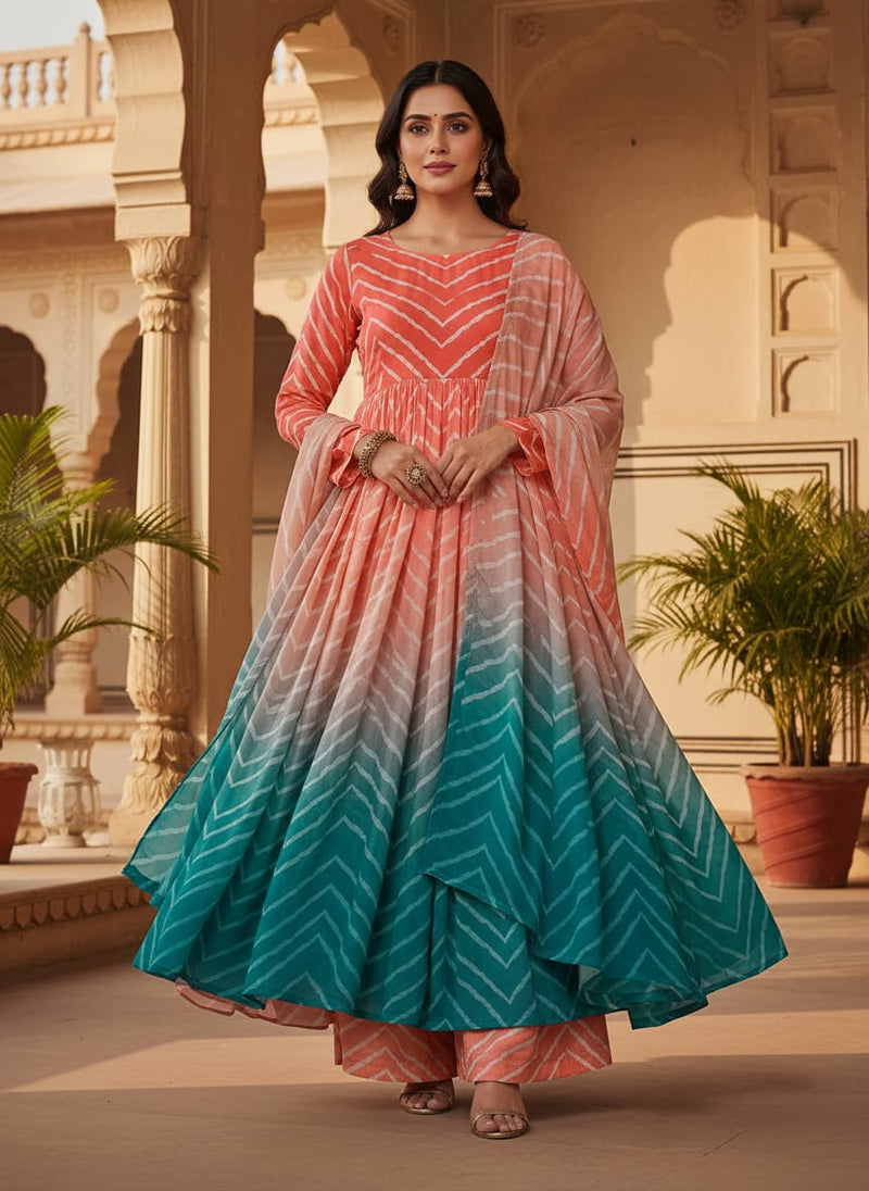 Classy Green, Red, and Peach Zigzag Digital Printed Natural Crepe Fabric