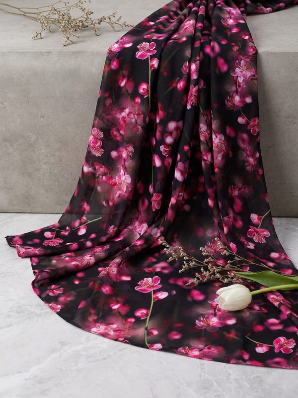 Pink Blossom Floral on Black Rayon Digital Printed Fabric