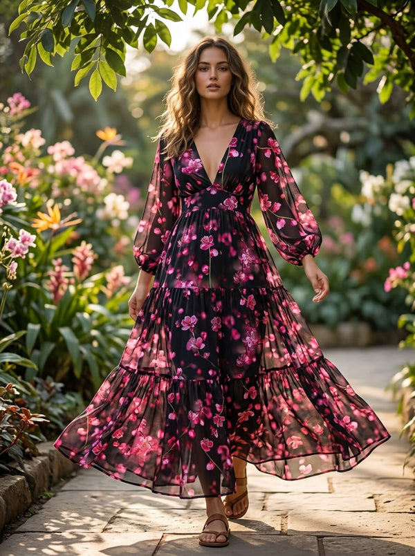 Pink Blossom Floral on Black Rayon Digital Printed Fabric - Flowy Maxi Dress Lookbook - RA-0-TA08659-110 - alternate view