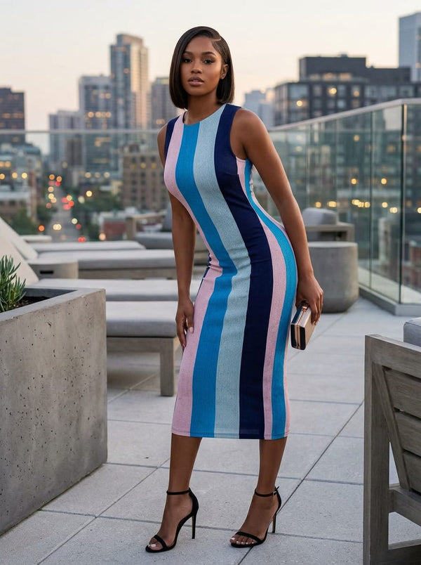 Multicolor Bold Color Block Stripes Silk Crepe Digital Printed Fabric - Bodycon Midi Dress Lookbook - CR-0-TA07534-110 - alternate view