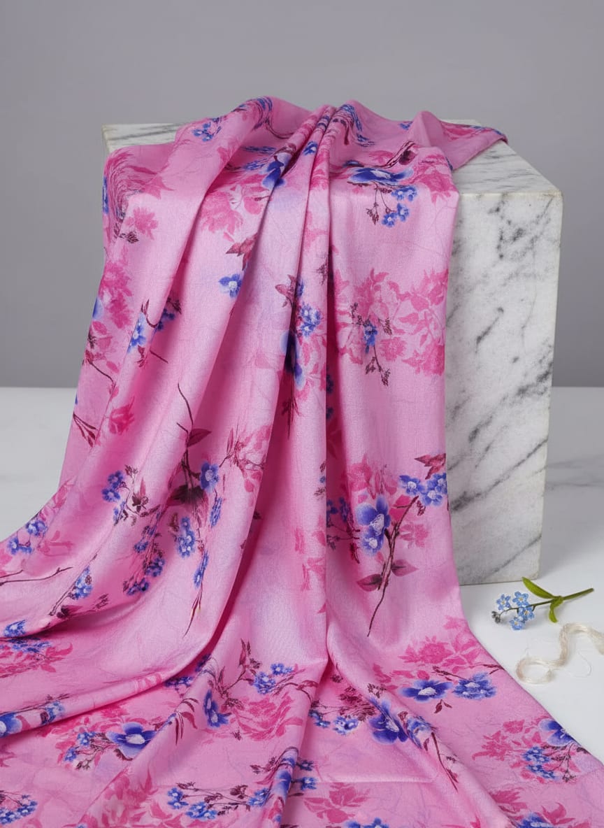 Classy Pink Floral Digital Printed Silk Crepe Fabric