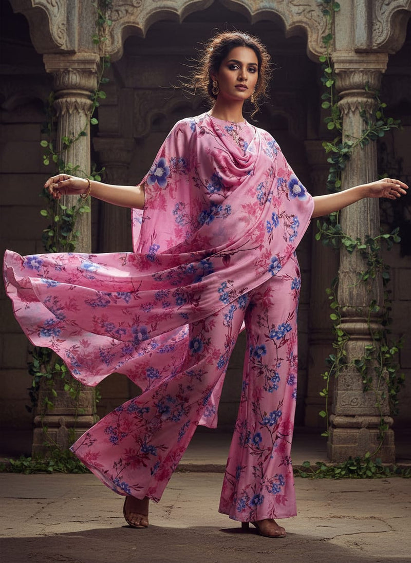 Classy Pink Floral Digital Printed Silk Crepe Fabric