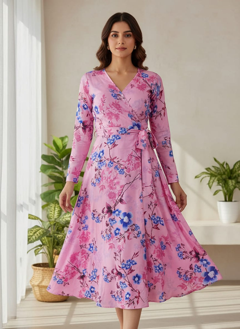 Classy Pink Floral Digital Printed Silk Crepe Fabric