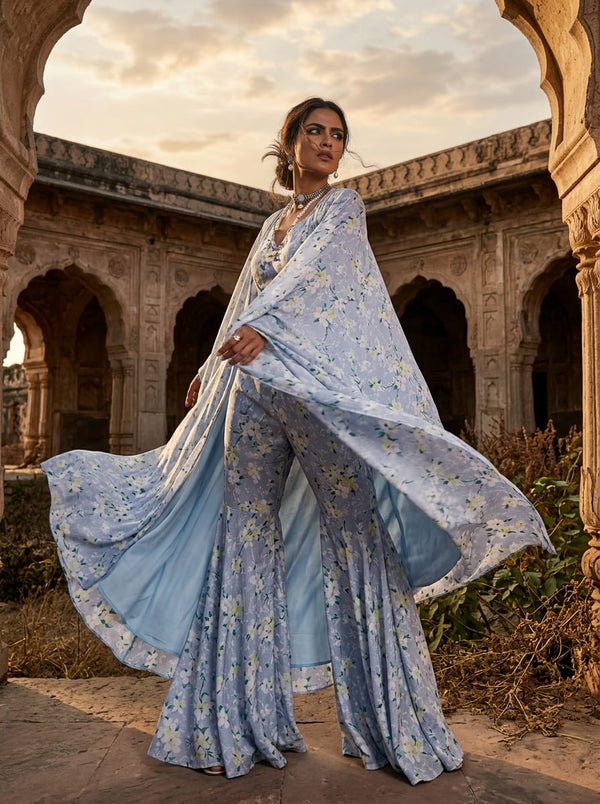 Blue Dainty Floral Blossom Silk Crepe Digital Printed Fabric - Draped Cape with Flared Pants Lookbook - CR-0-TA05677-110 - alternate view