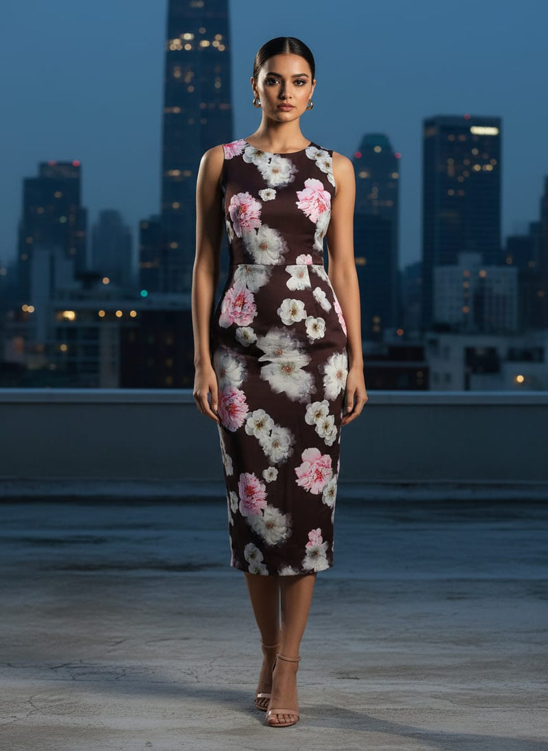 Classy and Attractive Brown Floral Digital Printed Silk Crepe Fabric