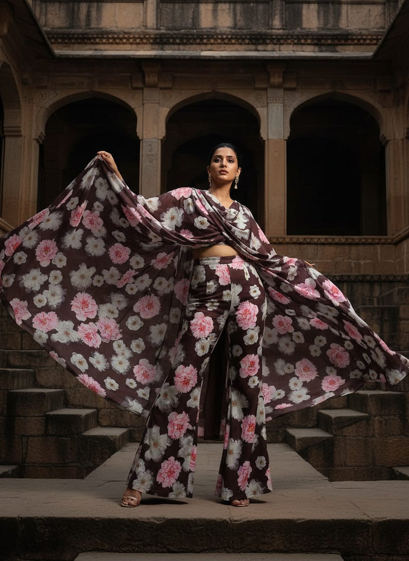 Classy and Attractive Brown Floral Digital Printed Silk Crepe Fabric