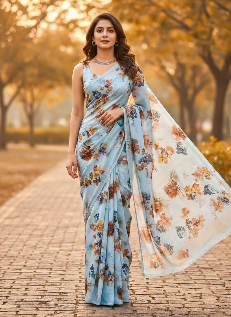 Classy Blue Floral Digital Printed Silk Crepe Fabric