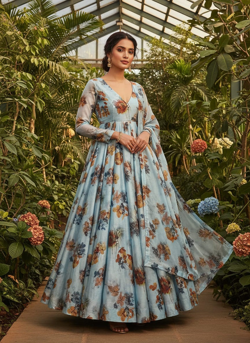 Classy Blue Floral Digital Printed Silk Crepe Fabric