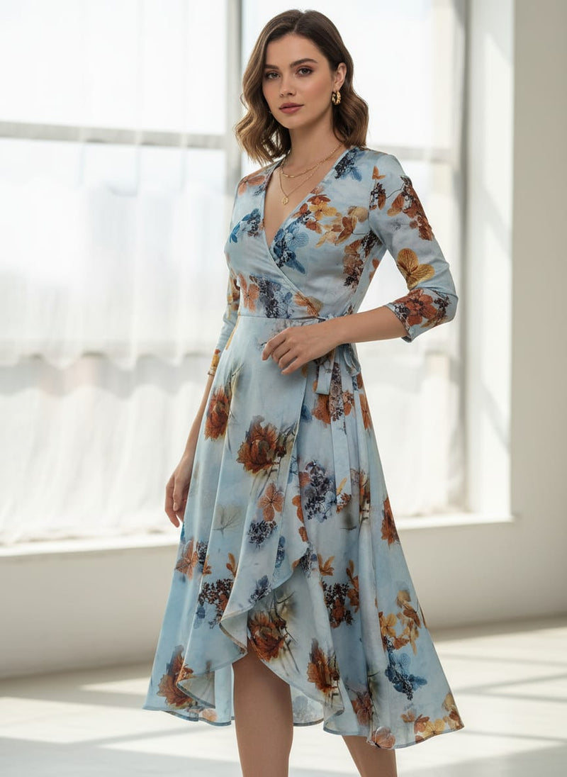 Classy Blue Floral Digital Printed Silk Crepe Fabric