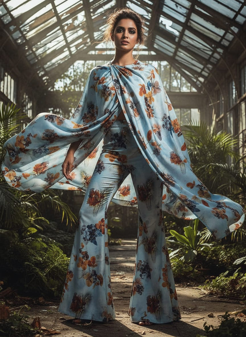 Classy Blue Floral Digital Printed Silk Crepe Fabric