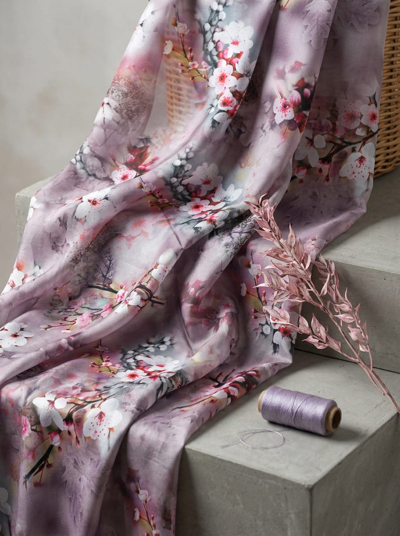 Pink Sakura Blossom Floral Kora Silk Digital Printed Fabric