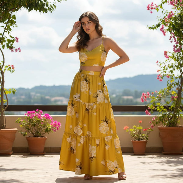 Classy Yellow Floral Digital Printed Japan Satin Fabric - alternate view