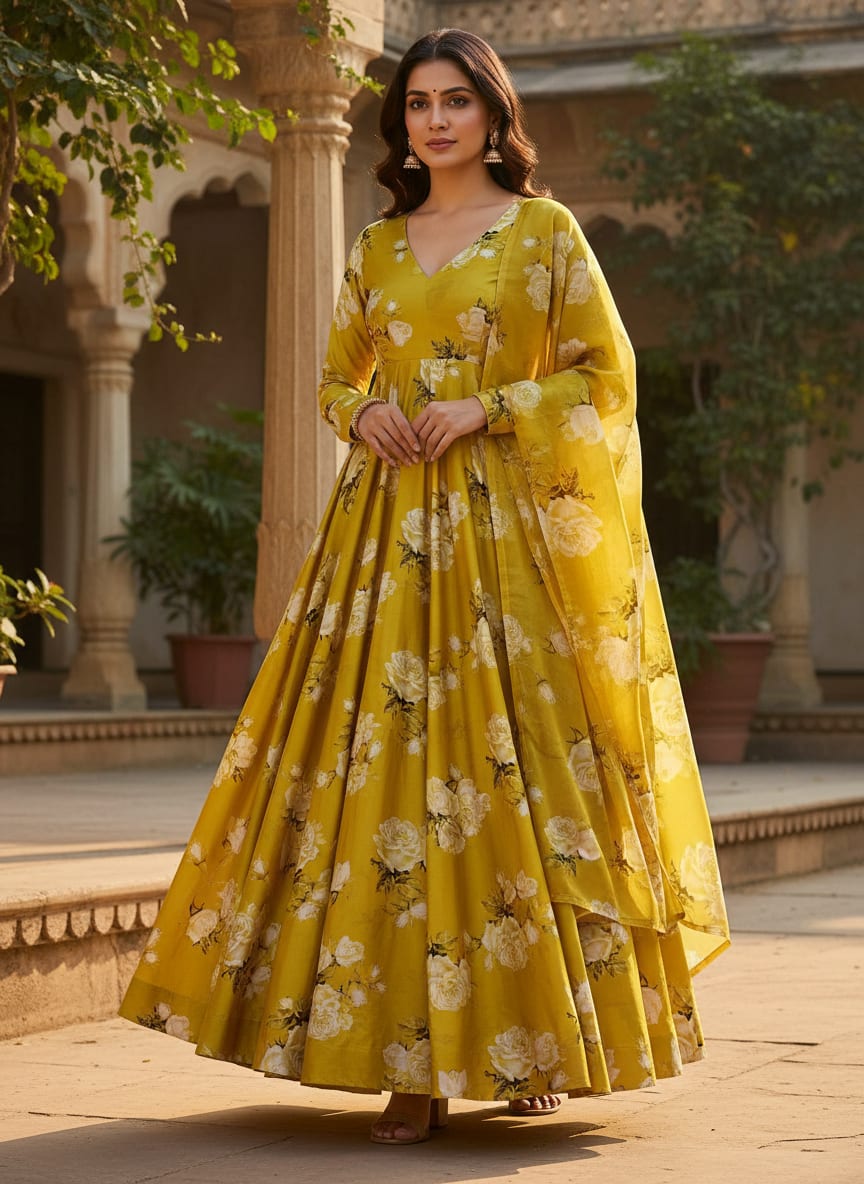 Classy Yellow Floral Digital Printed Japan Satin Fabric