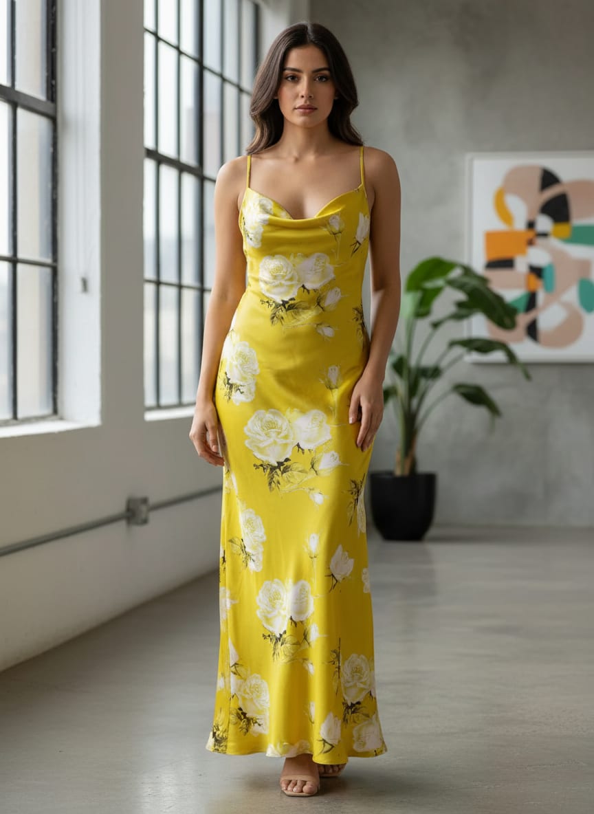 Classy Yellow Floral Digital Printed Japan Satin Fabric