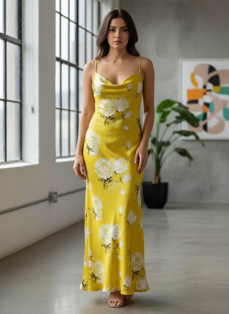 Classy Yellow Floral Digital Printed Japan Satin Fabric