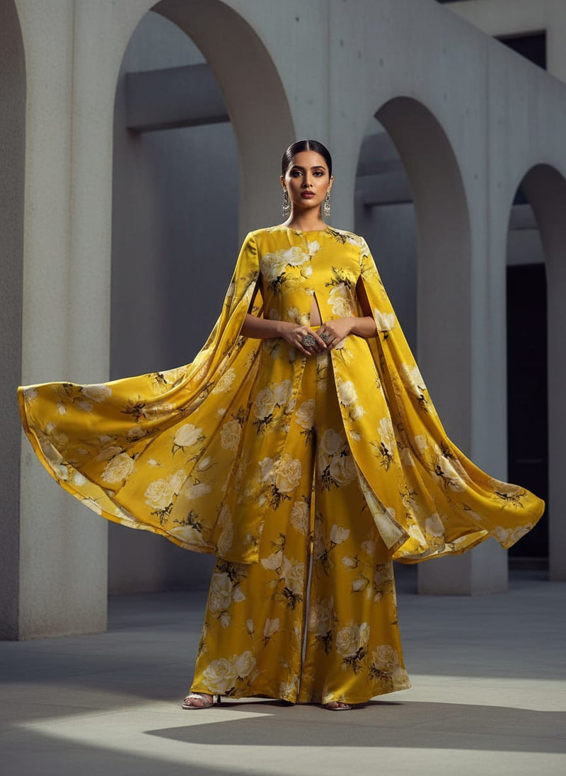 Classy Yellow Floral Digital Printed Japan Satin Fabric