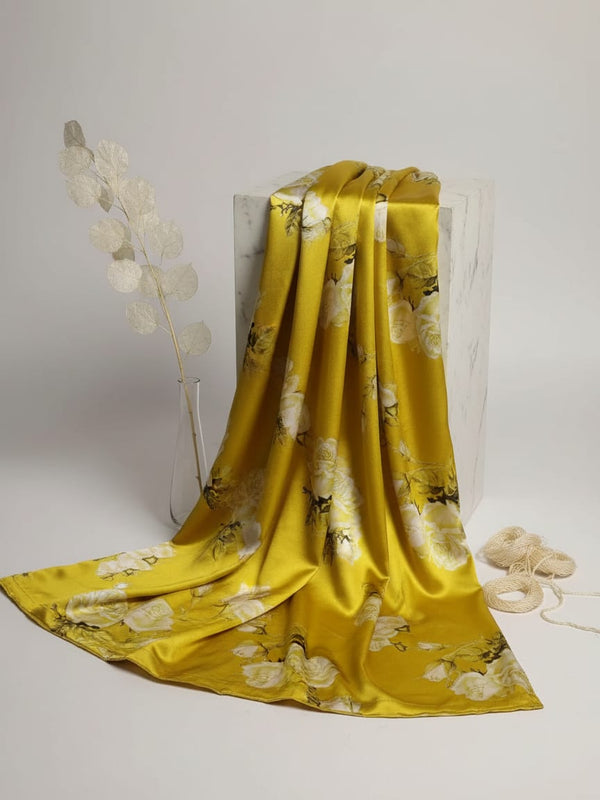 Classy Yellow Floral Digital Printed Japan Satin Fabric