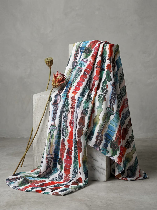Multicolor Colorful Abstract Ethnic Columns Georgette Digital Printed Fabric - Fabric Editorial Studio Flatlay Lookbook - POG-0-TA01038-110
