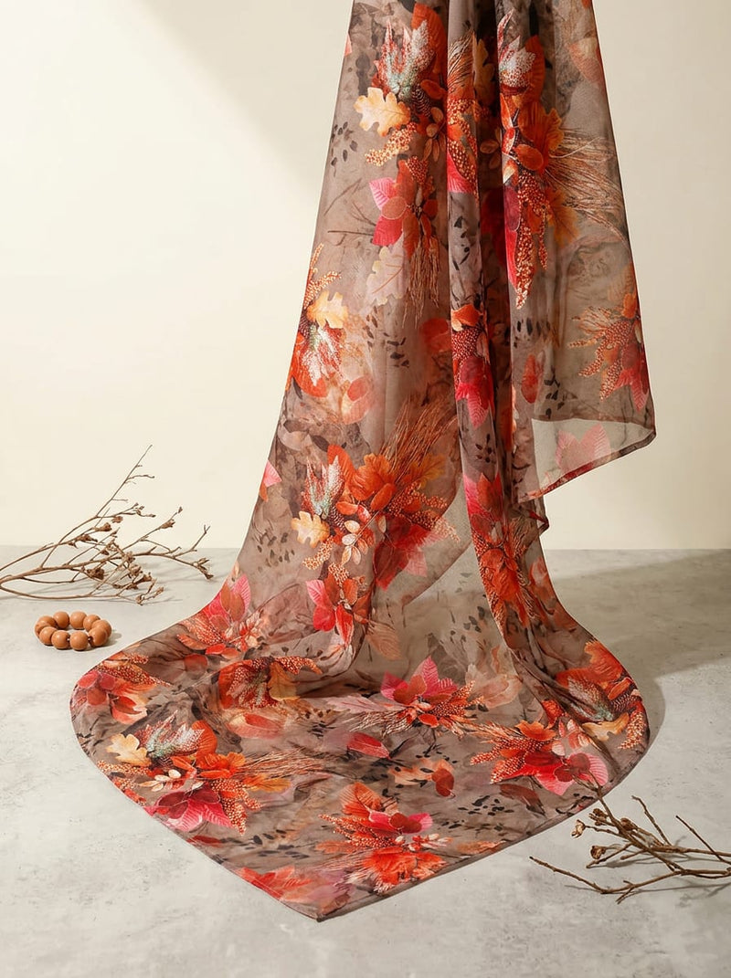 Multicolor Autumnal Botanical Leaf Print Organza Digital Printed Fabric