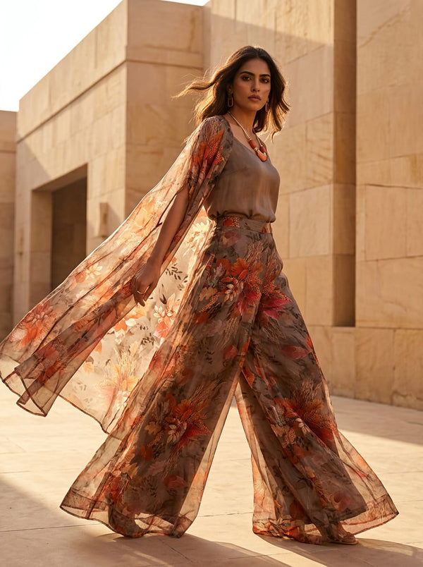 Multicolor Autumnal Botanical Leaf Print Organza Digital Printed Fabric - Cape with Palazzo Lookbook - OR-0-TA7307P4-110 - alternate view