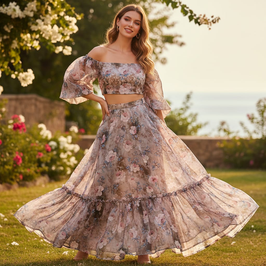 Classy and Attractive Brown Floral Digital Printed Organza Fabric