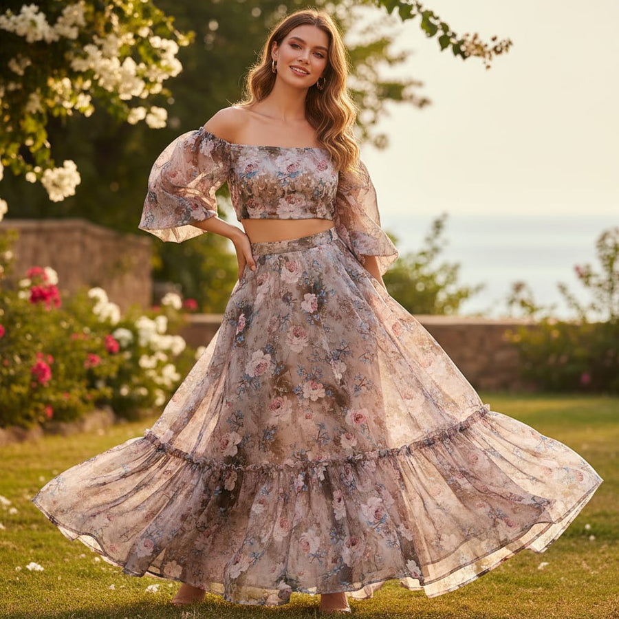 Classy and Attractive Brown Floral Digital Printed Organza Fabric