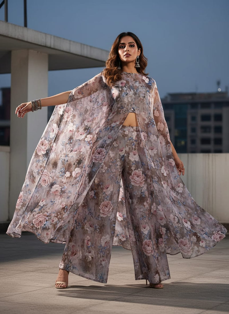 Classy and Attractive Brown Floral Digital Printed Organza Fabric