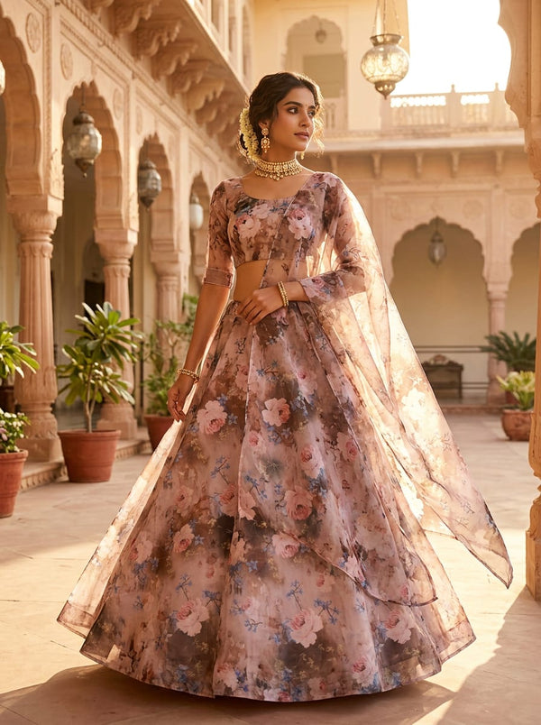Multicolor Vintage Floral Bouquet Organza Digital Printed Fabric - Lehenga Choli Lookbook - OR-0-TA08309-110 - alternate view