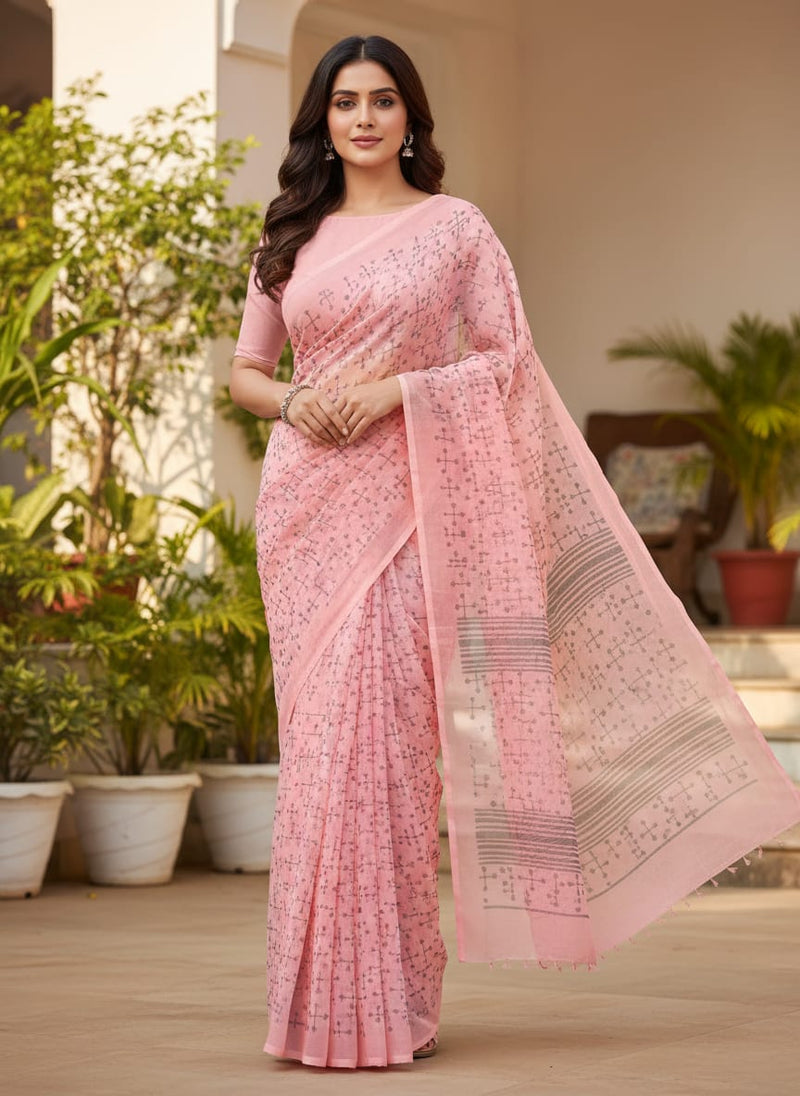 Classy Peach Abstract Digital Printed Weightless Fabric