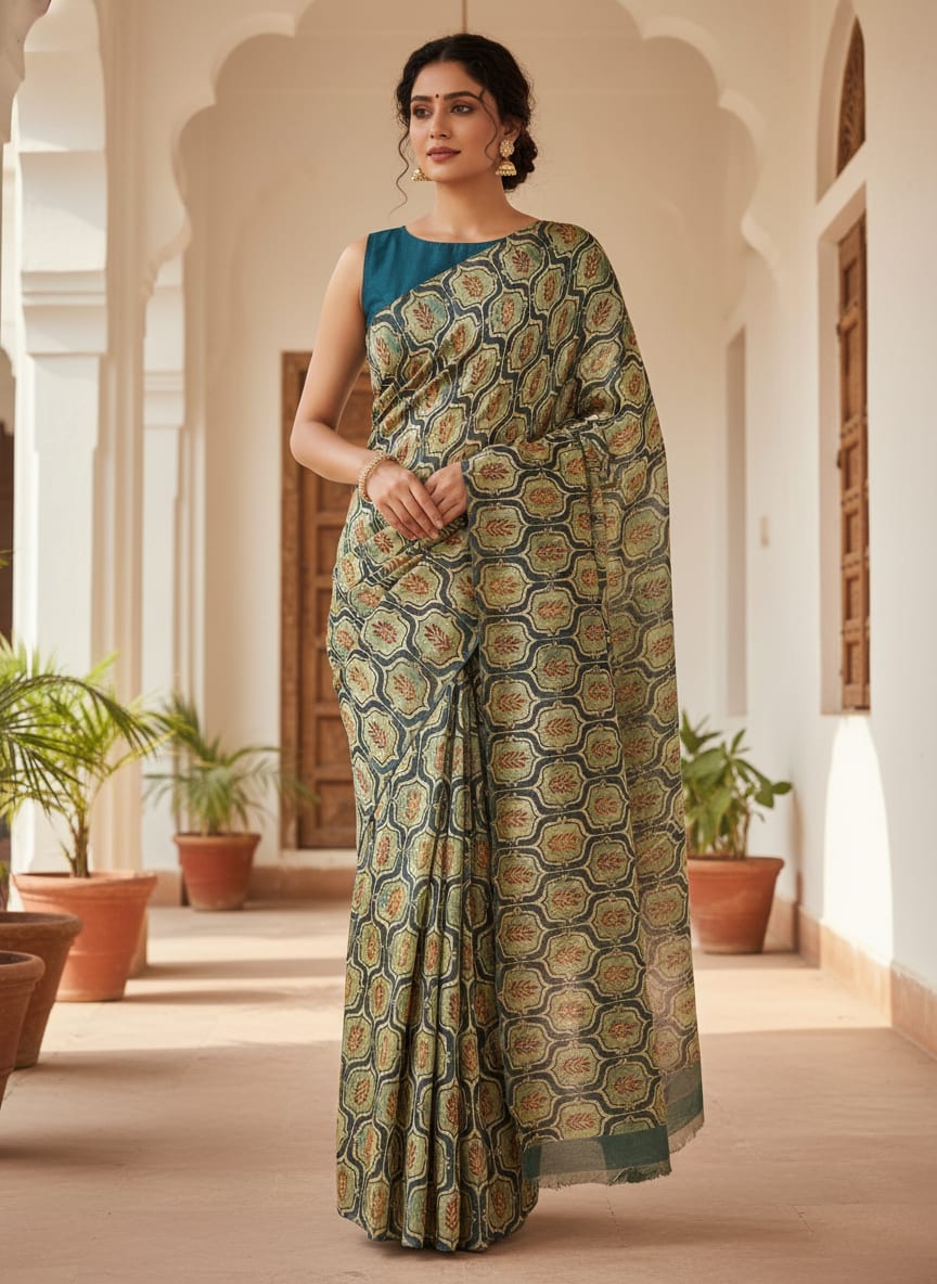 Classy Green Ogee Digital Printed Tussar Silk Fabric