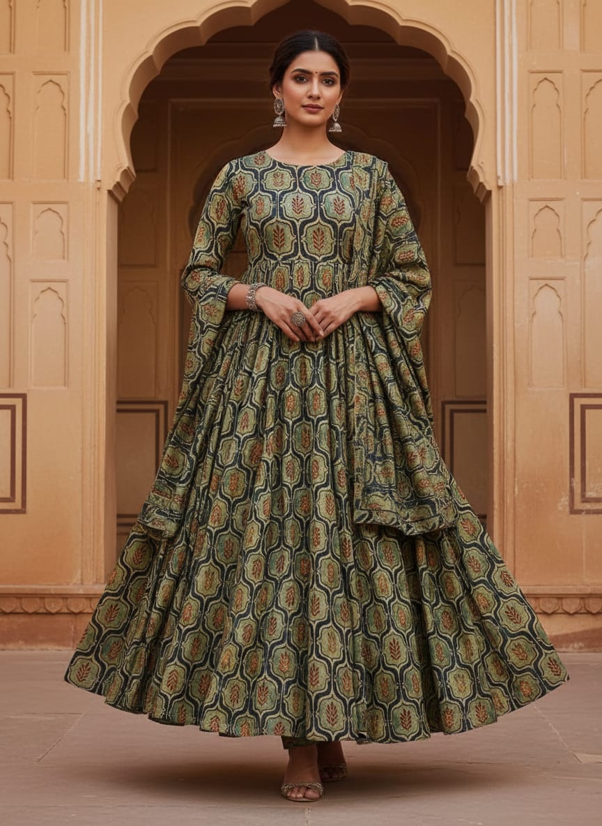 Classy Green Ogee Digital Printed Tussar Silk Fabric