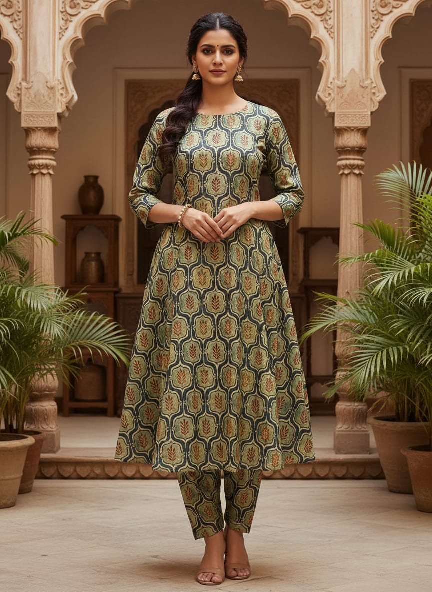 Classy Green Ogee Digital Printed Tussar Silk Fabric