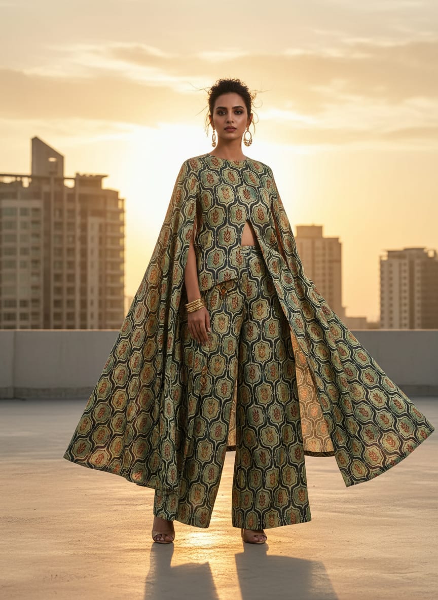 Classy Green Ogee Digital Printed Tussar Silk Fabric