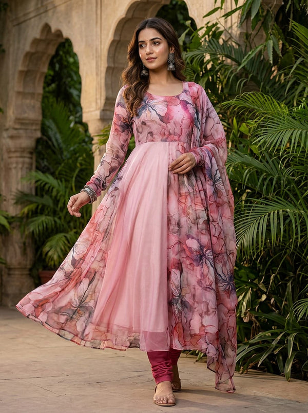 Multicolor Abstract Floral Watercolour Weightless Digital Printed Fabric - Anarkali Kurta Set Lookbook - WE-0-TA09323-110 - alternate view